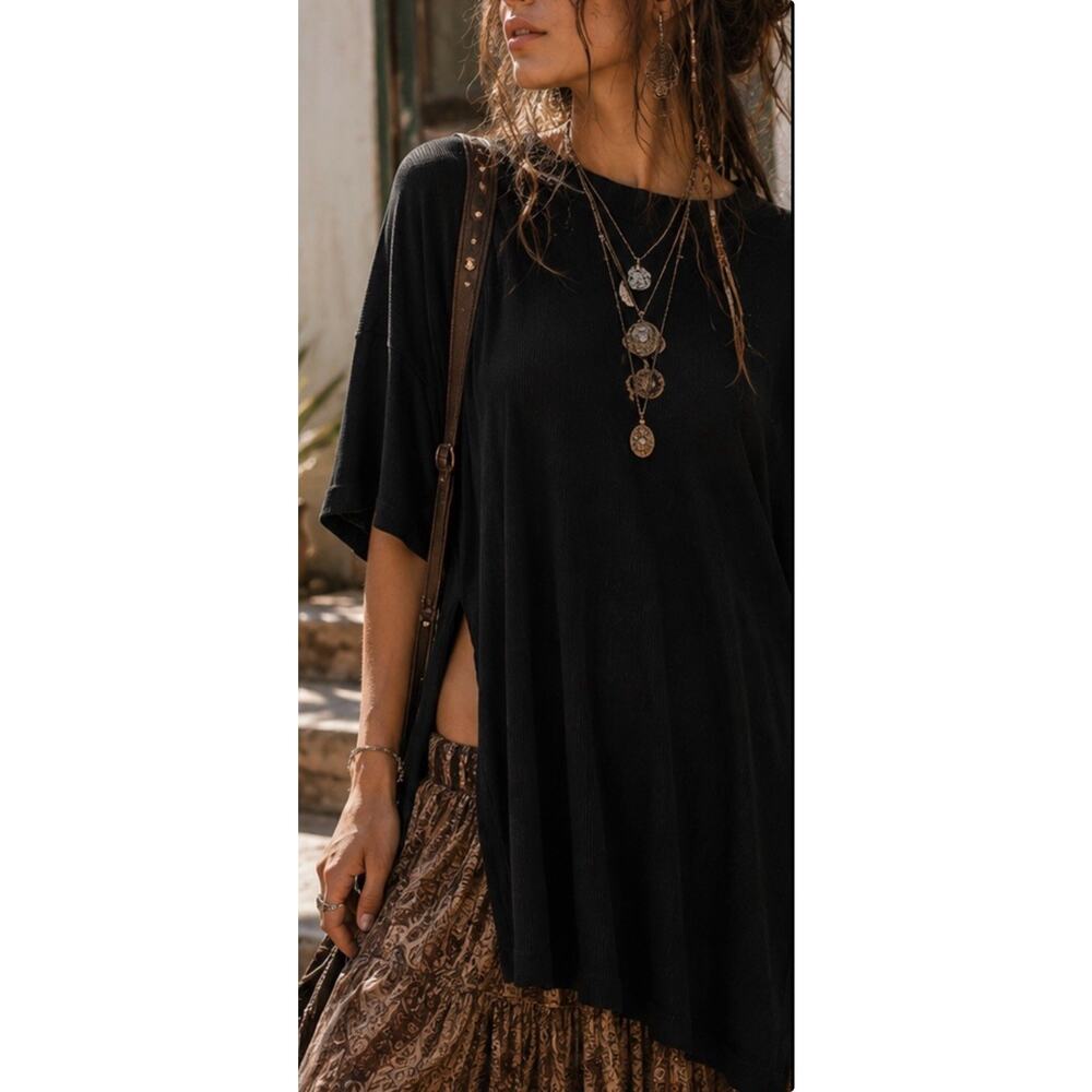 Dressed In Lala Black Oversized Tunic Dress Women’s Medium Side Slit Boho Grunge